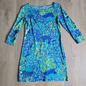 Lilly Pulitzer Marlowe Sheath Dress Women's XS Lagoon Sea Blue Boat Neck Preppy‎